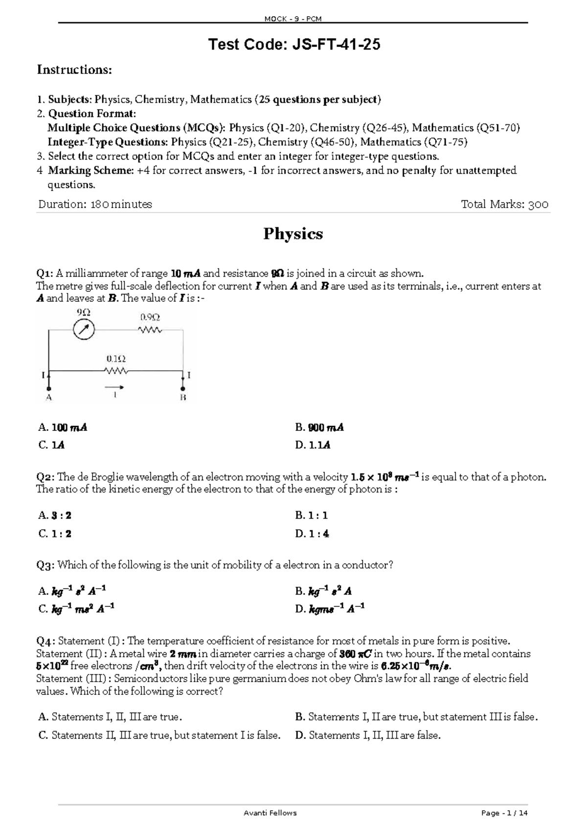 MOCK 9 PCM Test Questions for JEE Preparation - Studocu