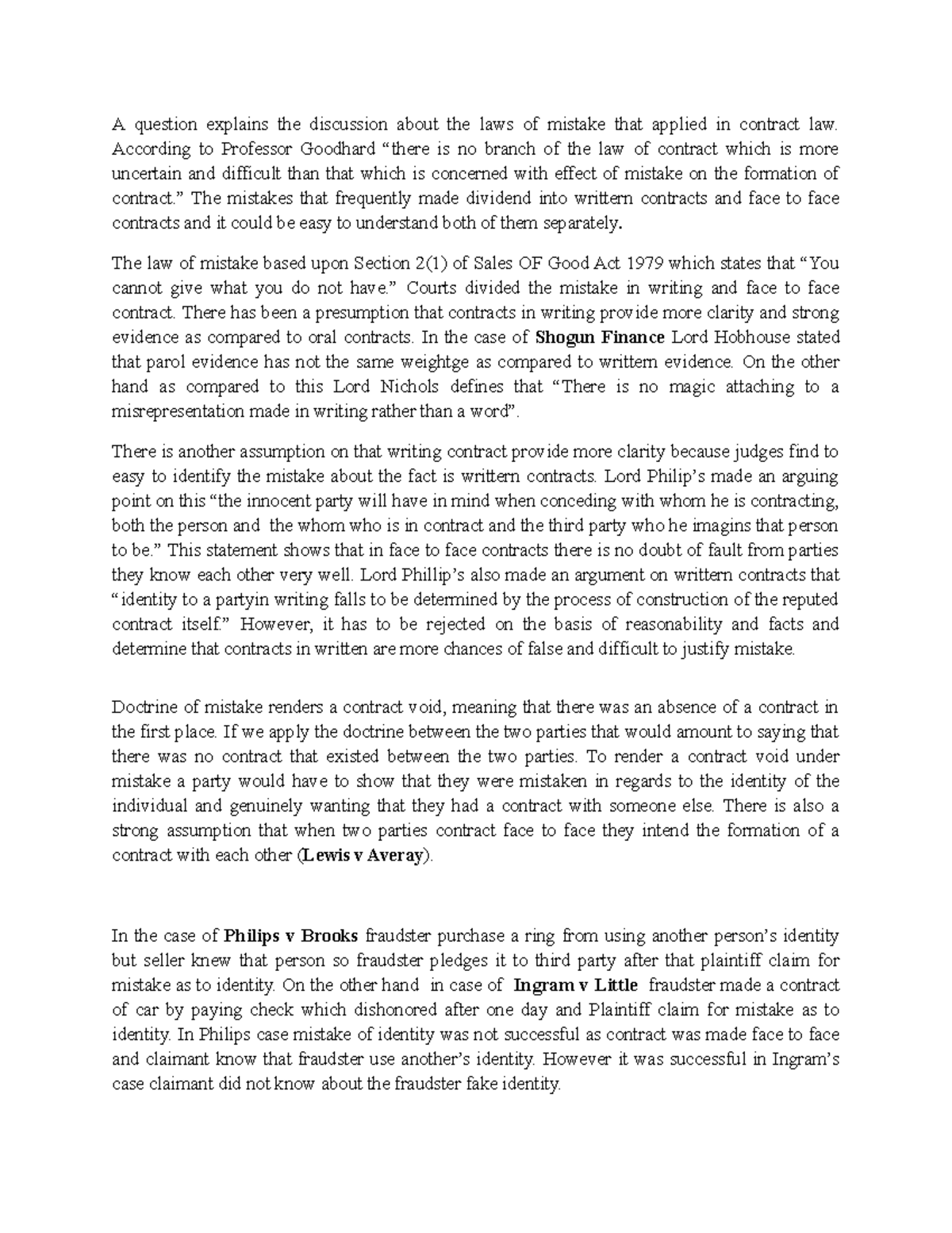 Contract Law: An Analysis of Mistake Doctrine in Essays - Studocu