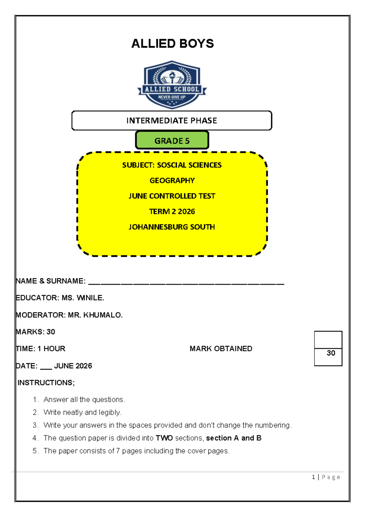 Geography P1 Grade 5 Term 2 2026 Controlled Test Paper - Studocu