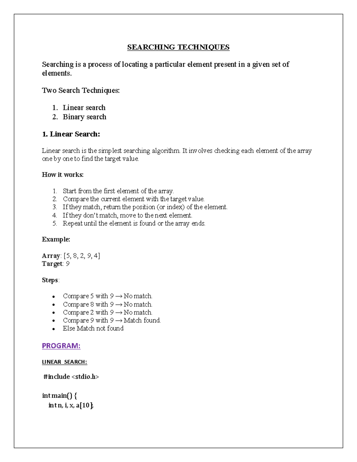 Searching Techniques: Linear & Binary Algorithms Explained - Studocu
