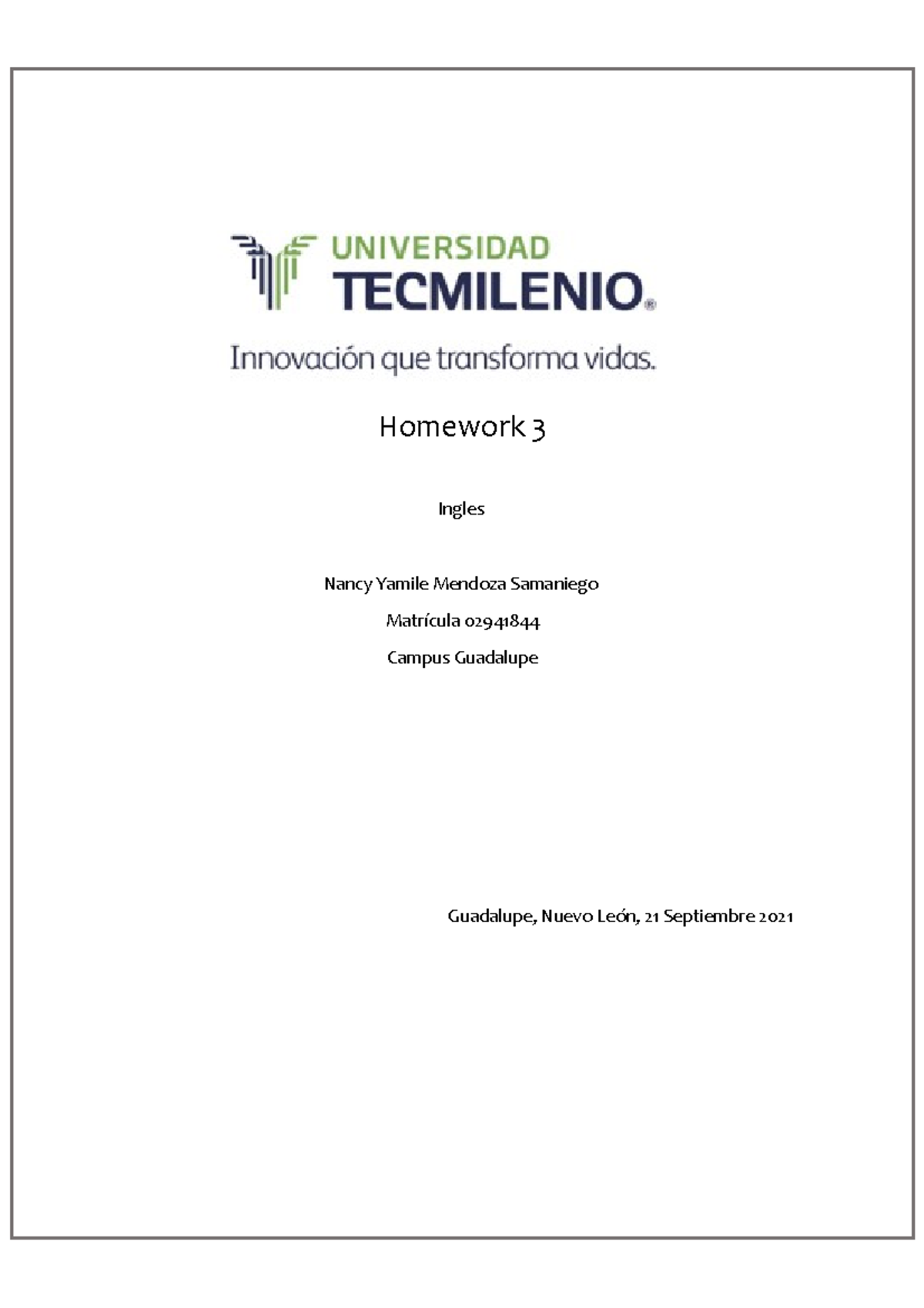 Homework 3 - ingles basico - TecMilenio - Studocu