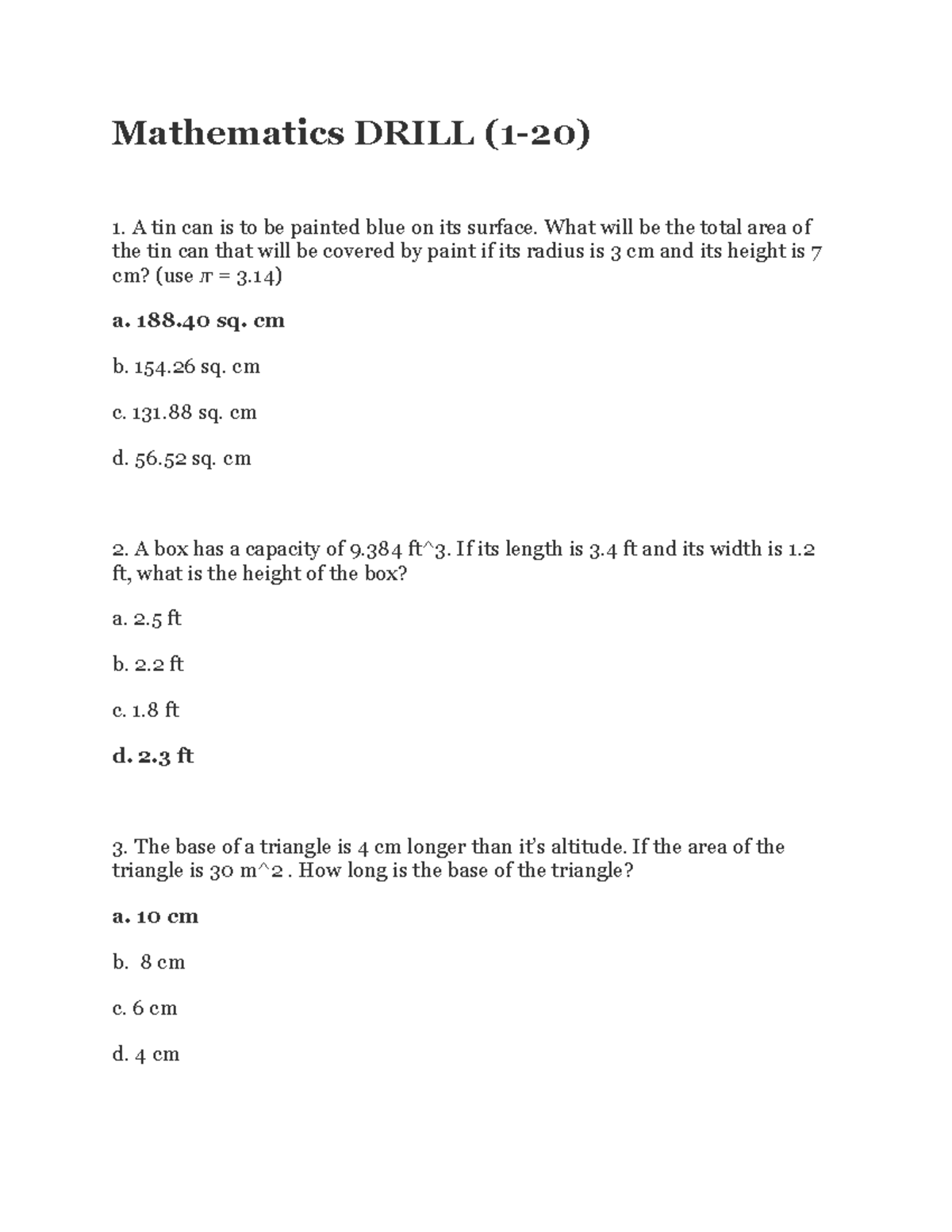 Mathematics Drill - Mathematics DRILL (1-20) A tin can is to be painted ...