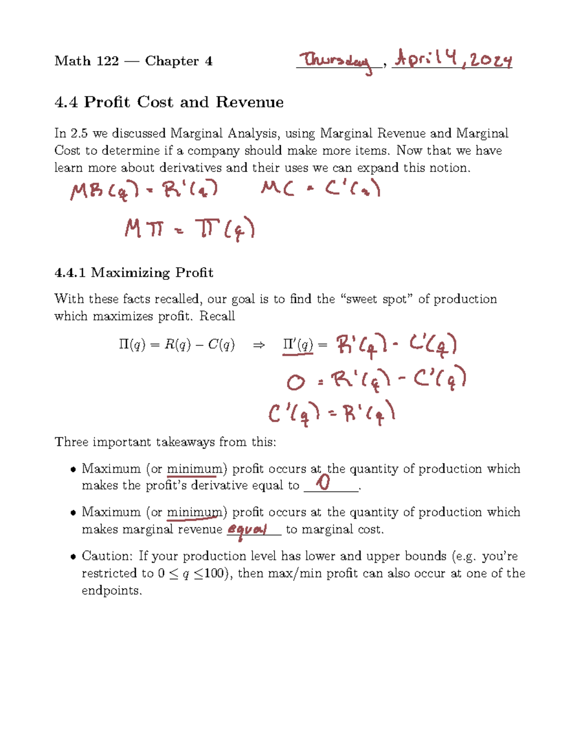 4.4 Profit Cost and Revenue - Math 122 — Chapter 4 , 4 Profit Cost and ...