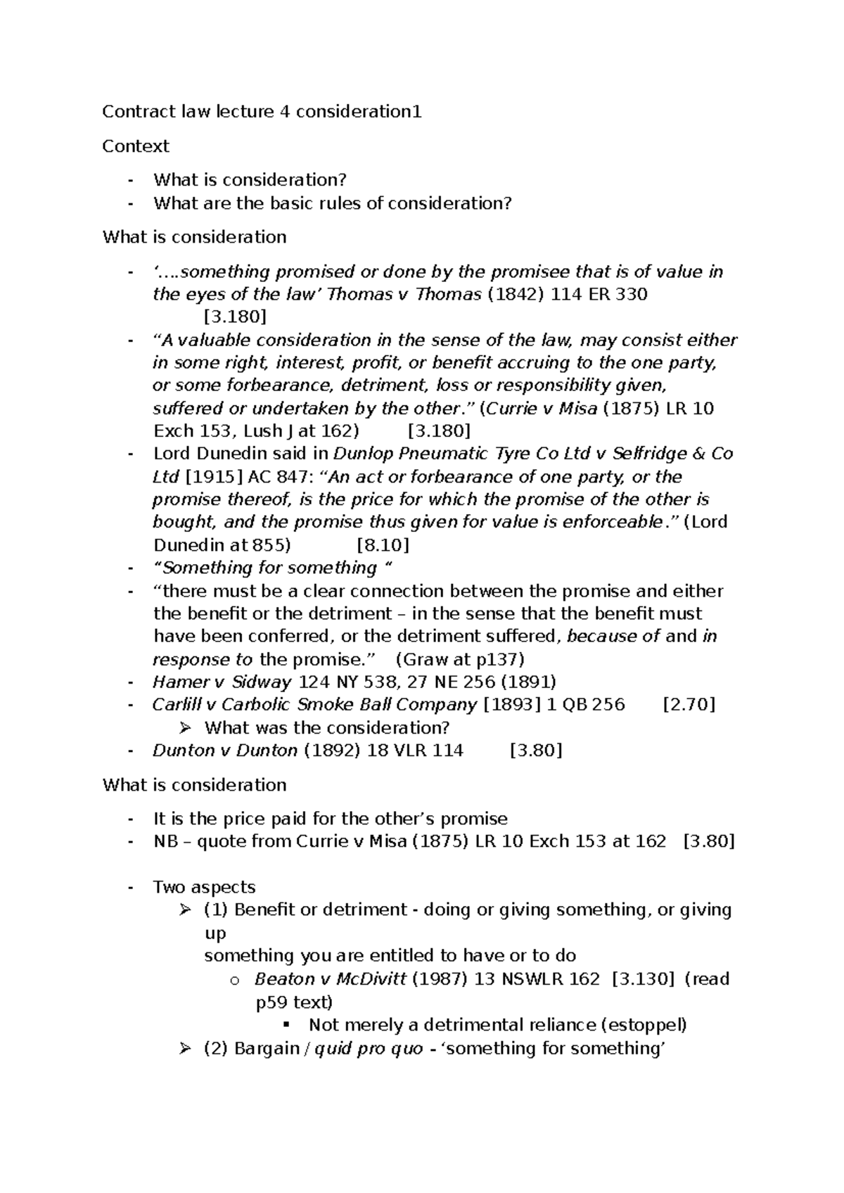 Contract Law Lecture 4: Understanding Consideration Principles - Studocu