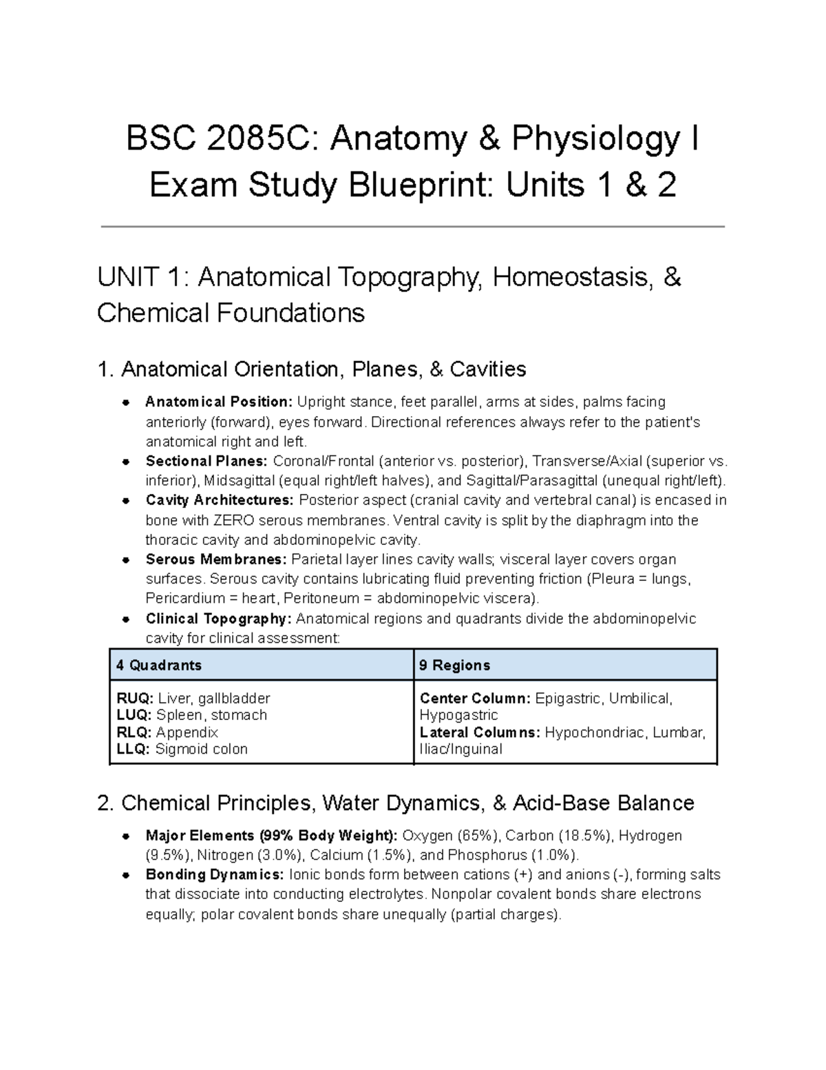 BSC 2085C: Anatomy Physiology Exam Study Guide for Units 1 & 2 - Studocu