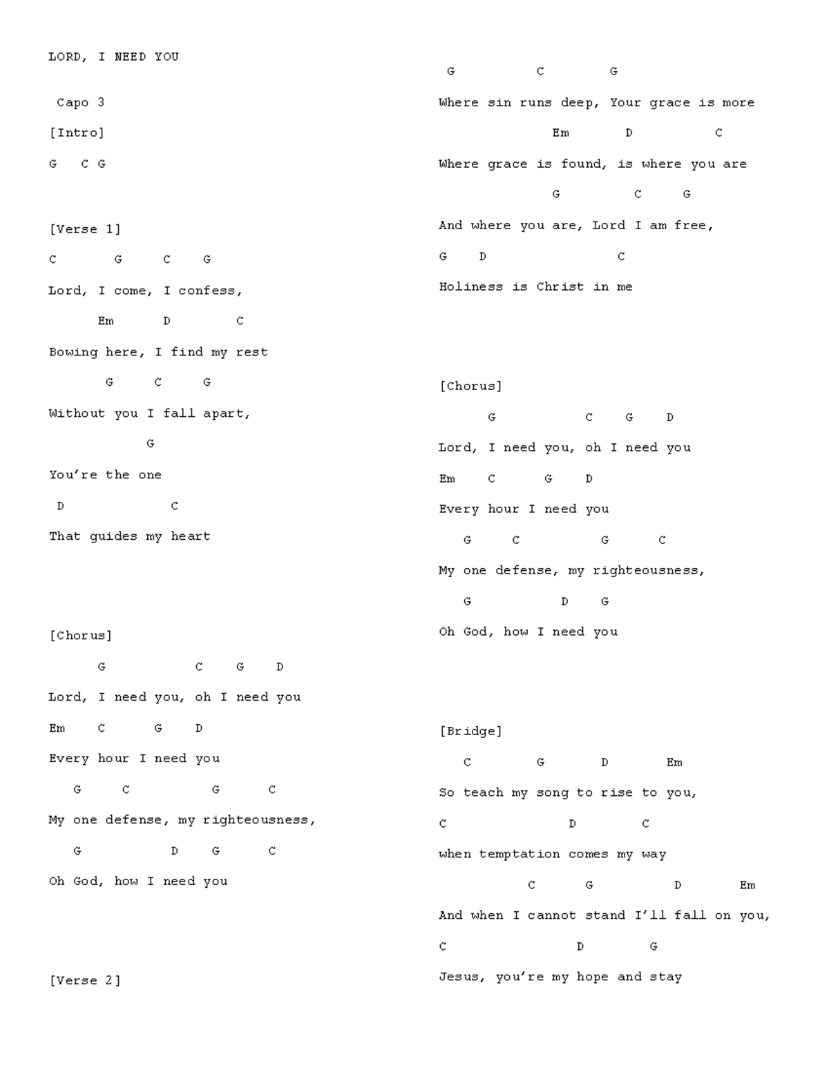 Lord I Need You Lyrics & Chords - G Capo 3 - Studocu