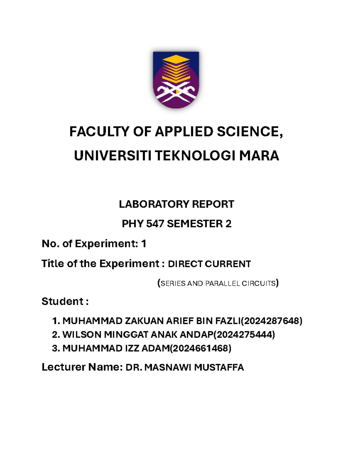 LAB Report Submit PHY 547 EXP 1 - FACULTY OF APPLIED SCIENCE ...