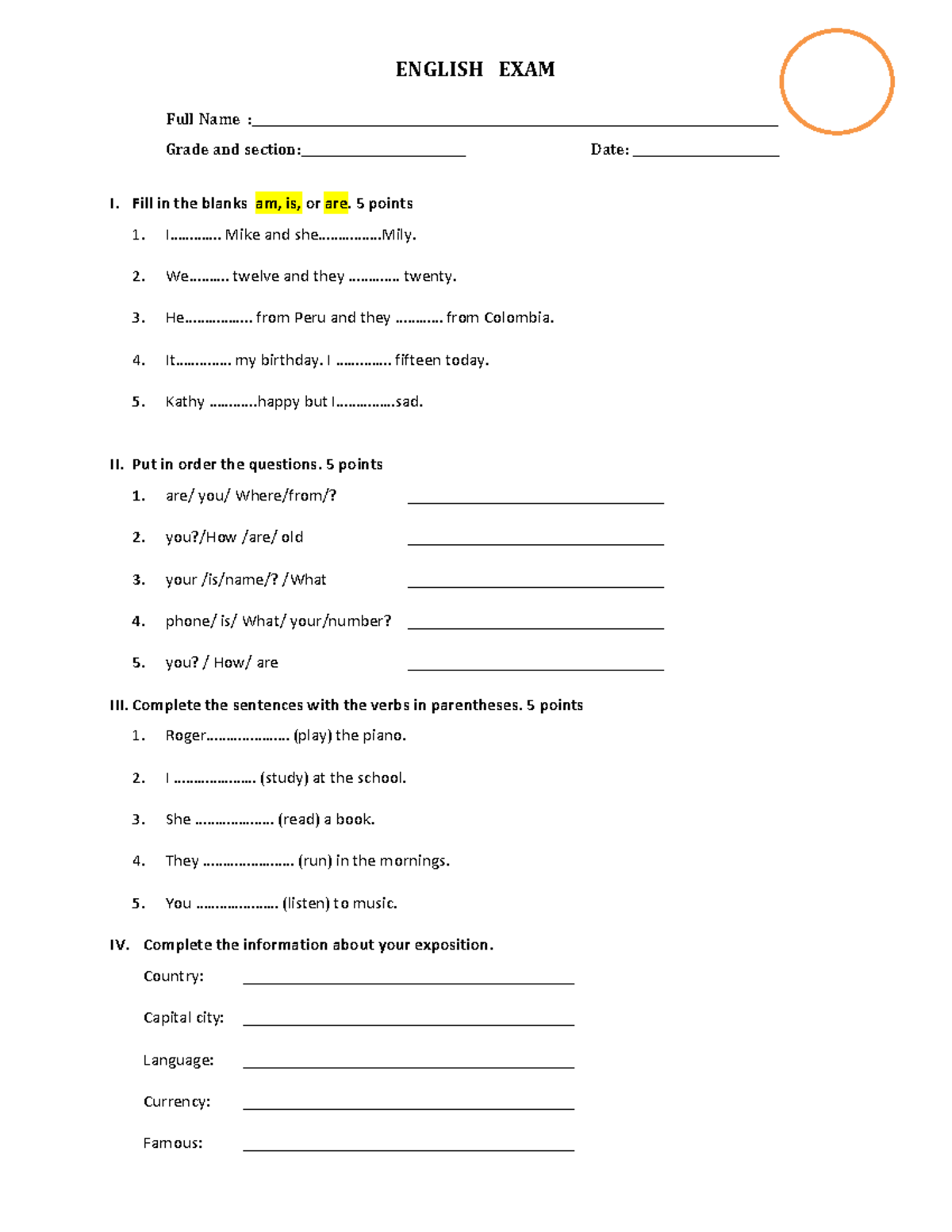 ENGLISH EXAM I: Practice Questions and Fill-in-the-Blanks - Studocu