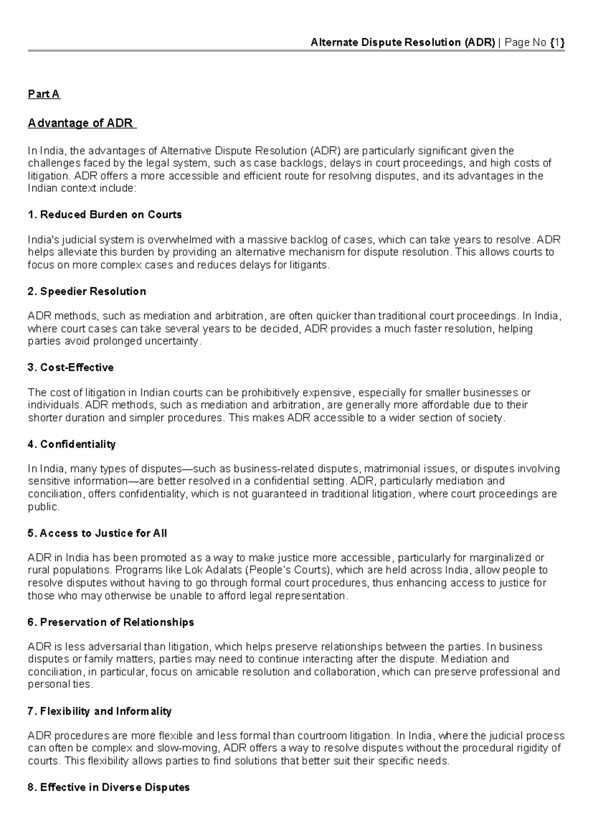 ADR Part A & B: Advantages and Processes of Alternate Dispute ...