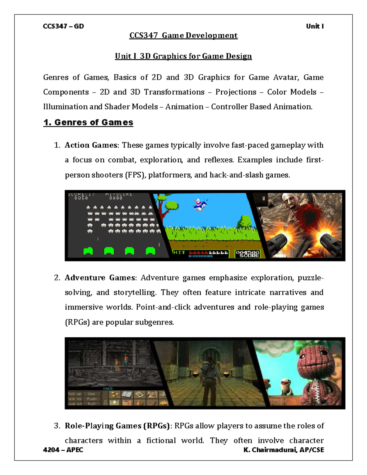 CCS347 GD Unit I: 3D Graphics, Game Genres, and Transformations - Studocu