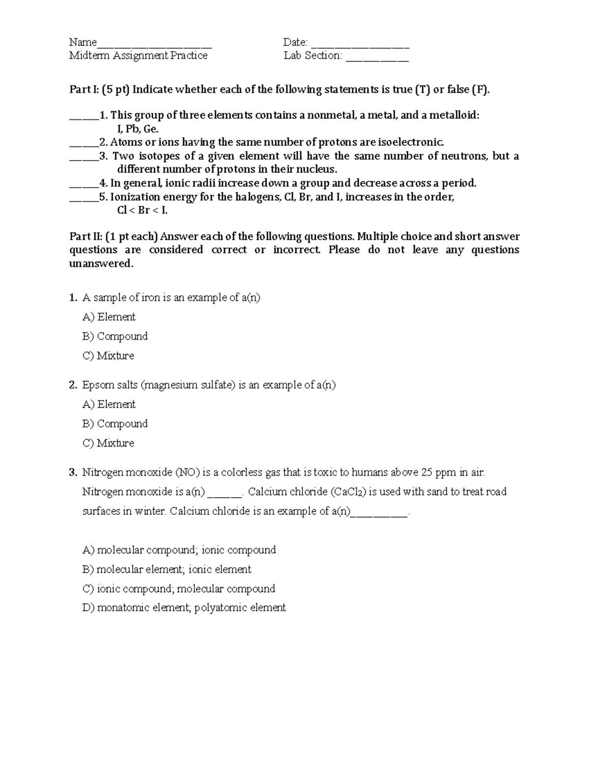 Midterm Assignment Practice for Chemistry 101 Lab - Studocu