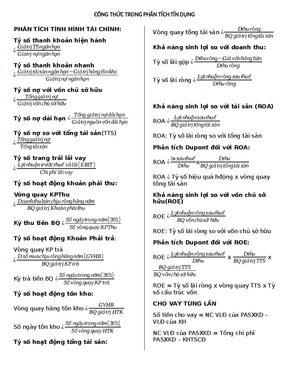 CÔNG THỨC TÍNH TRONG PHÂN TÍCH TÍN DỤNG VÀ TÀI CHÍNH - Document Preview