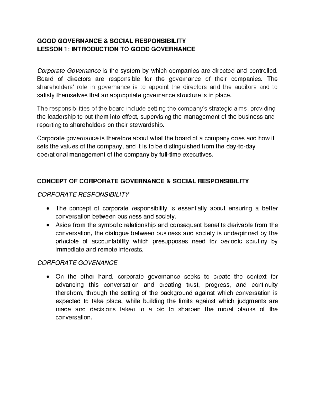 Lesson 1: Introduction to Good Governance & Social Responsibility - Studocu