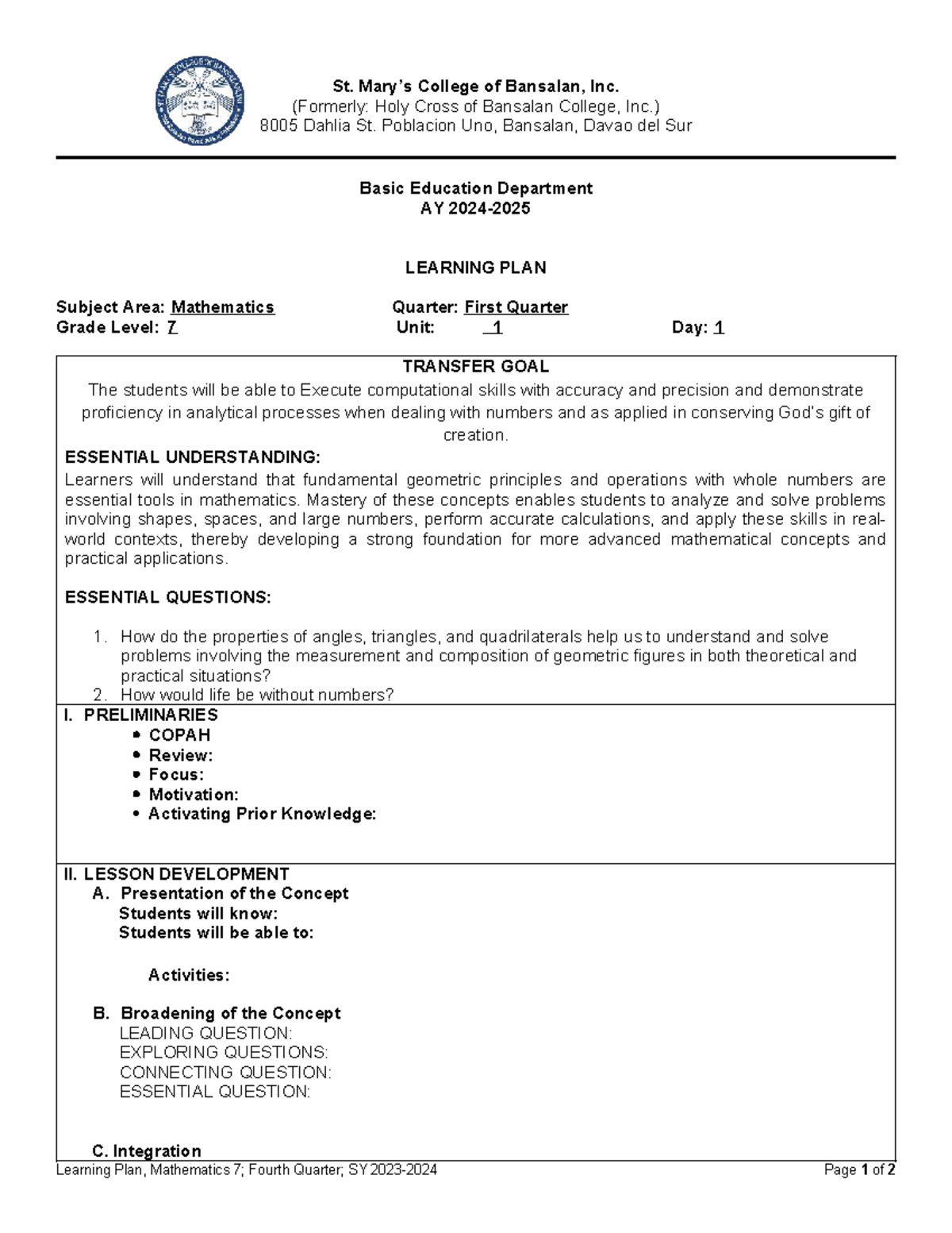 LP MATH 7 Q1 - Learning Plan for Rational Numbers - Studocu