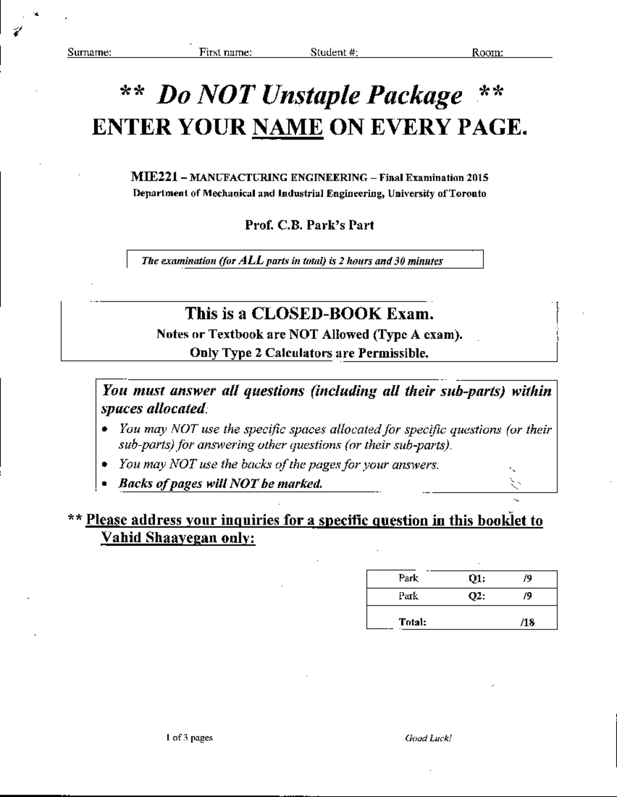 Exam 2015, questions and answers - Final examination - Surname: . First ...