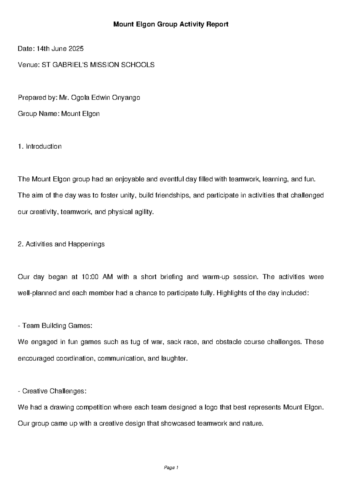 Mount Elgon Group Activity Report - Team Building & Creativity Day ...