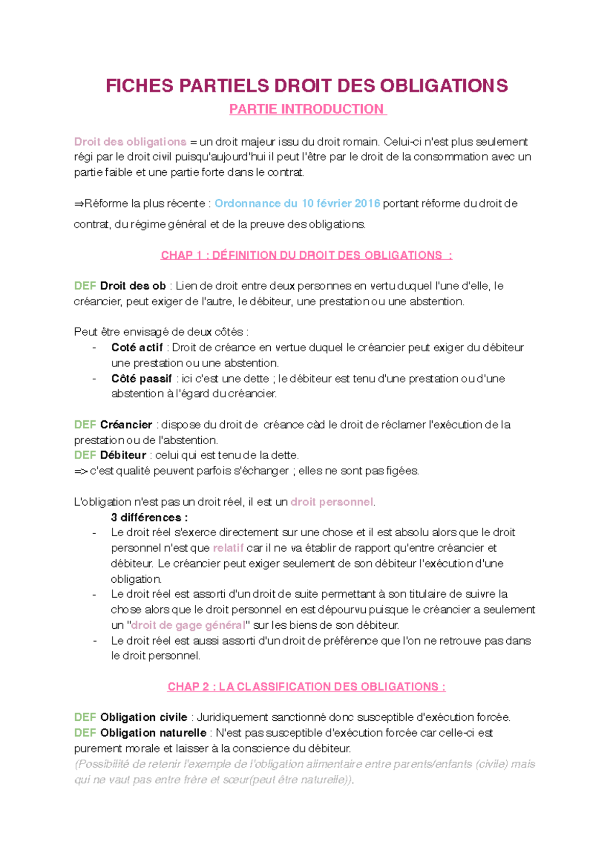 Fiches Partiels Droit des Obligations - Introduction et Chapitres 1 à 5 ...
