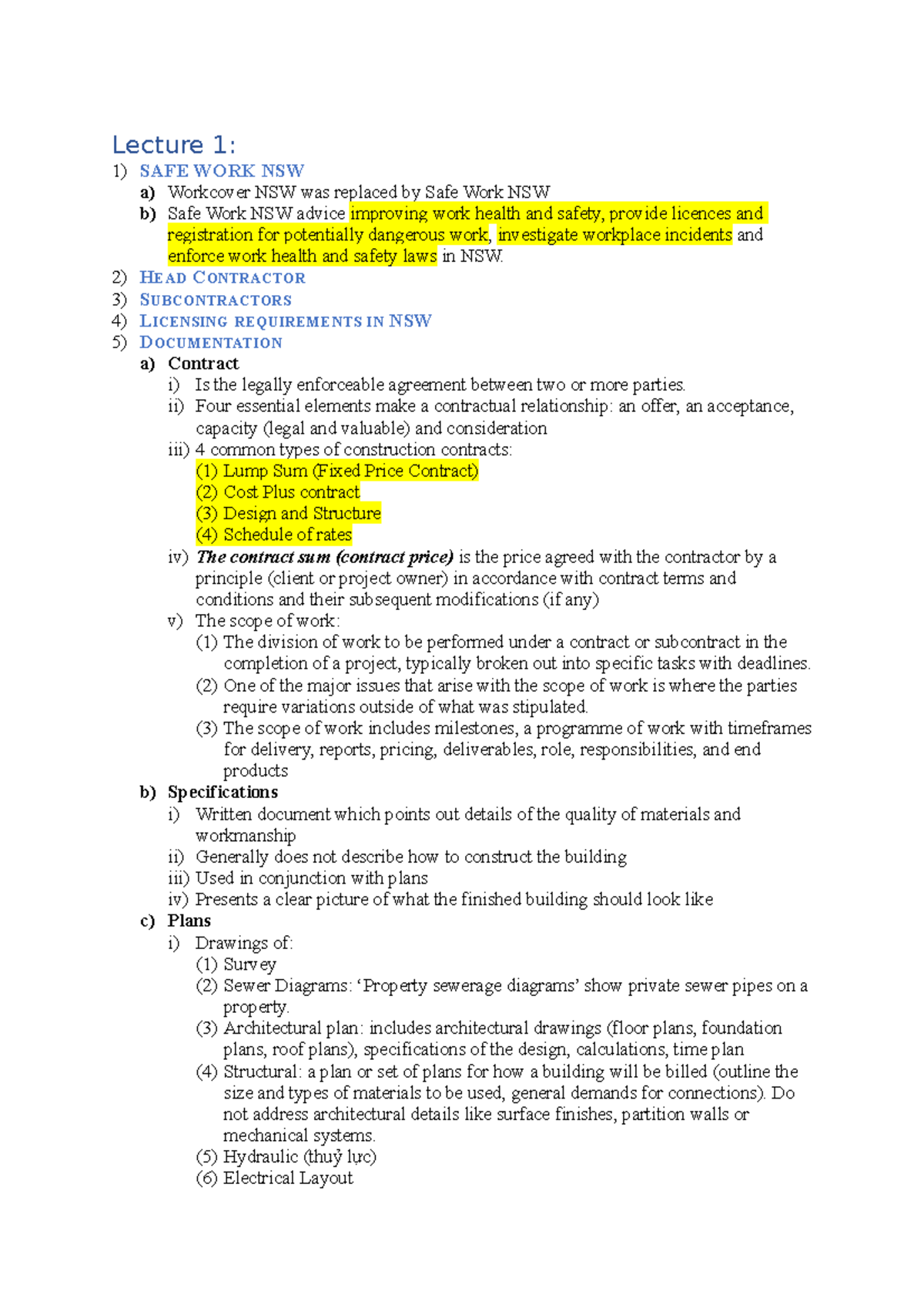 Construction technology 1 - Lecture 1: 1) SAFE WORK NSW a) Workcover ...