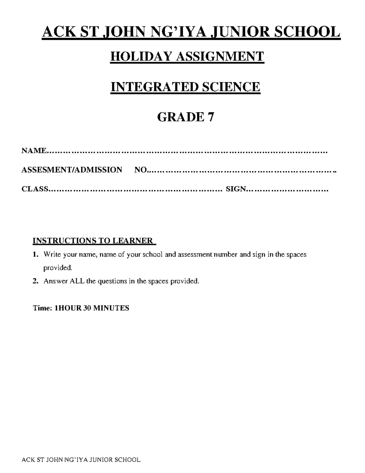 Grade 7 Integrated Science Holiday Assignment for AKC-7 - Studocu