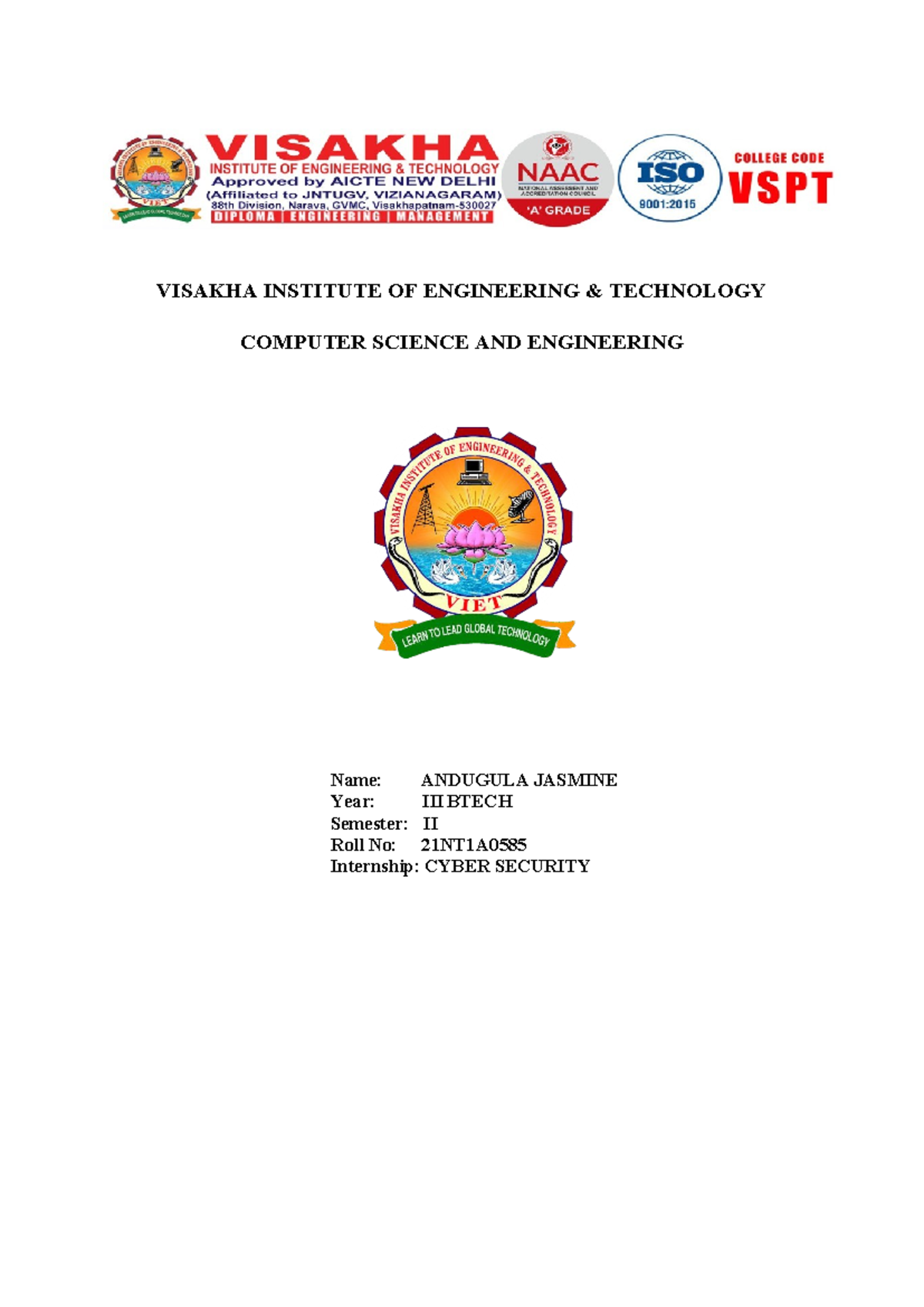 Internship Report: Cyber Security Experience by Andugula Jasmine (CSE 3-2) - Document Preview