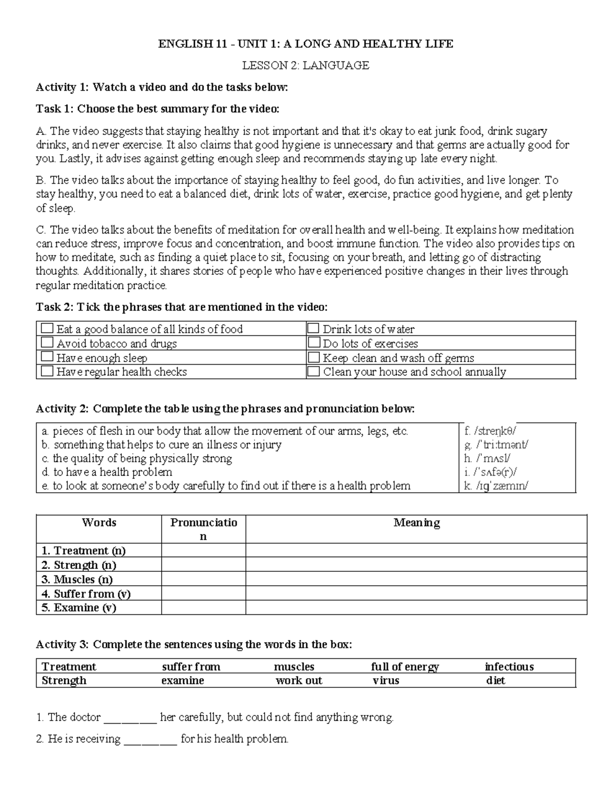 ENGLISH 11 UNIT 1: A LONG AND HEALTHY LIFE - LESSON 2 ACTIVITIES - Studocu