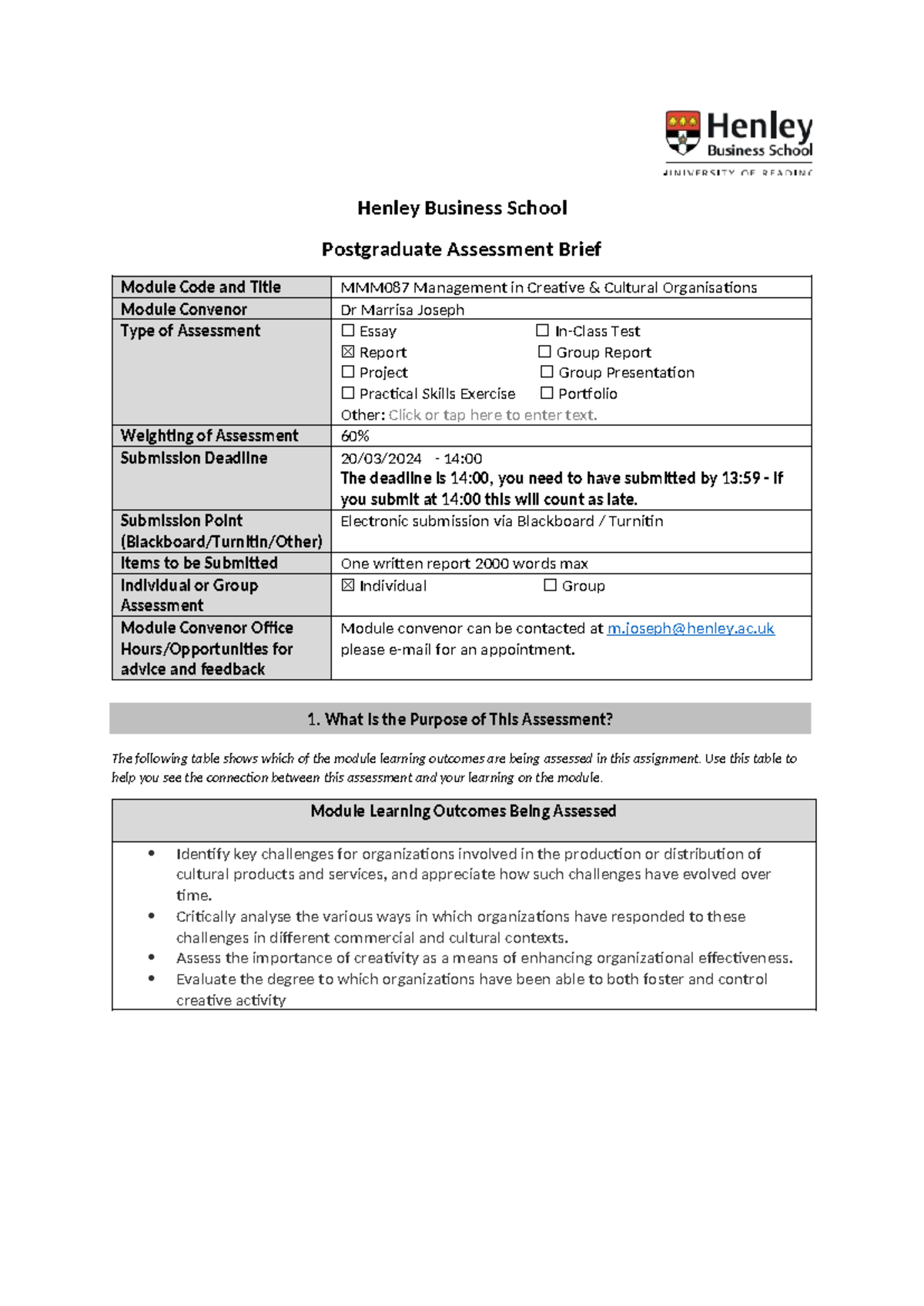 Assessment Brief MMM087 Report - . Henley Business School Postgraduate ...