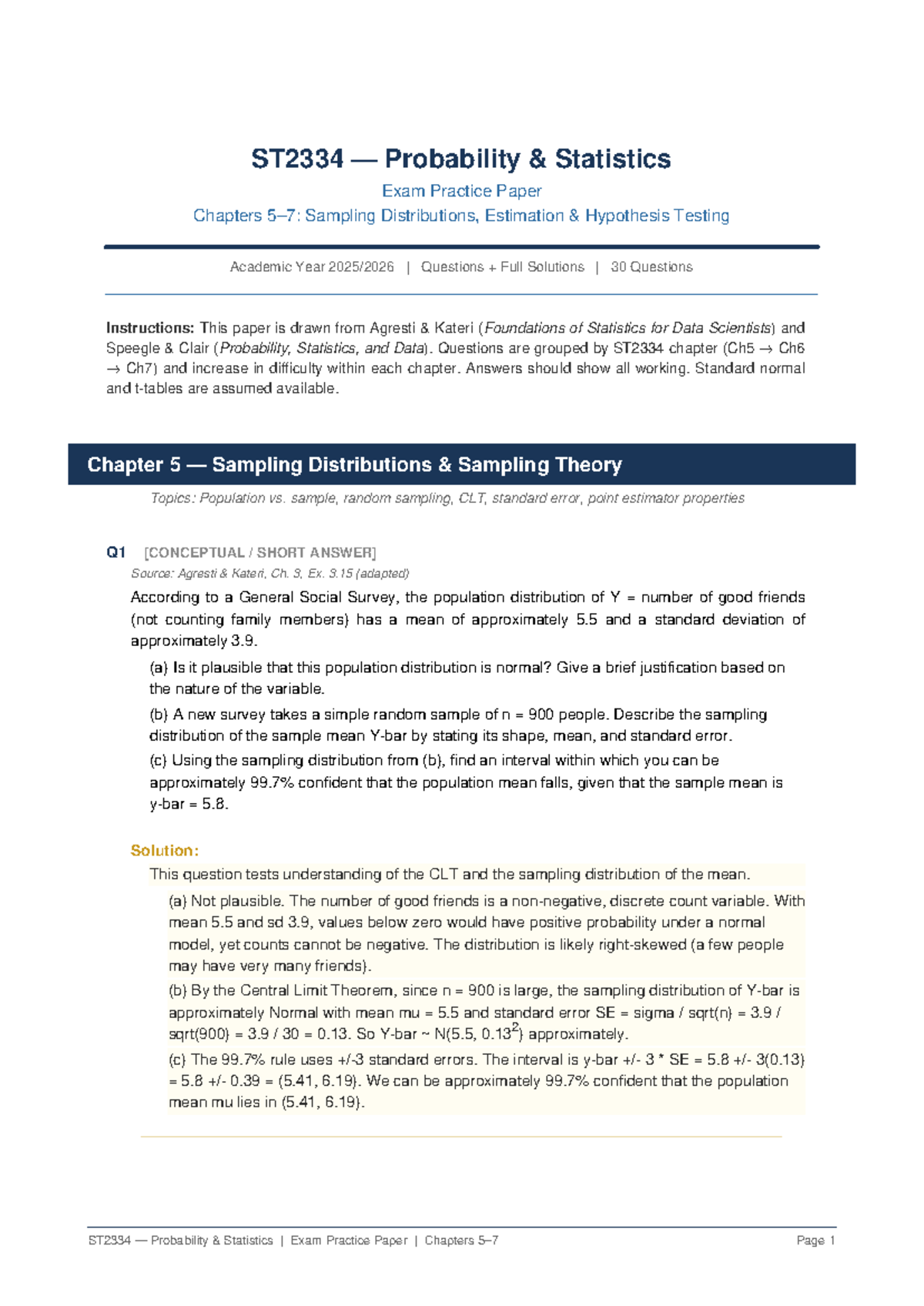 ST2334 Probability & Statistics Final Exam Practice Paper: Full ...