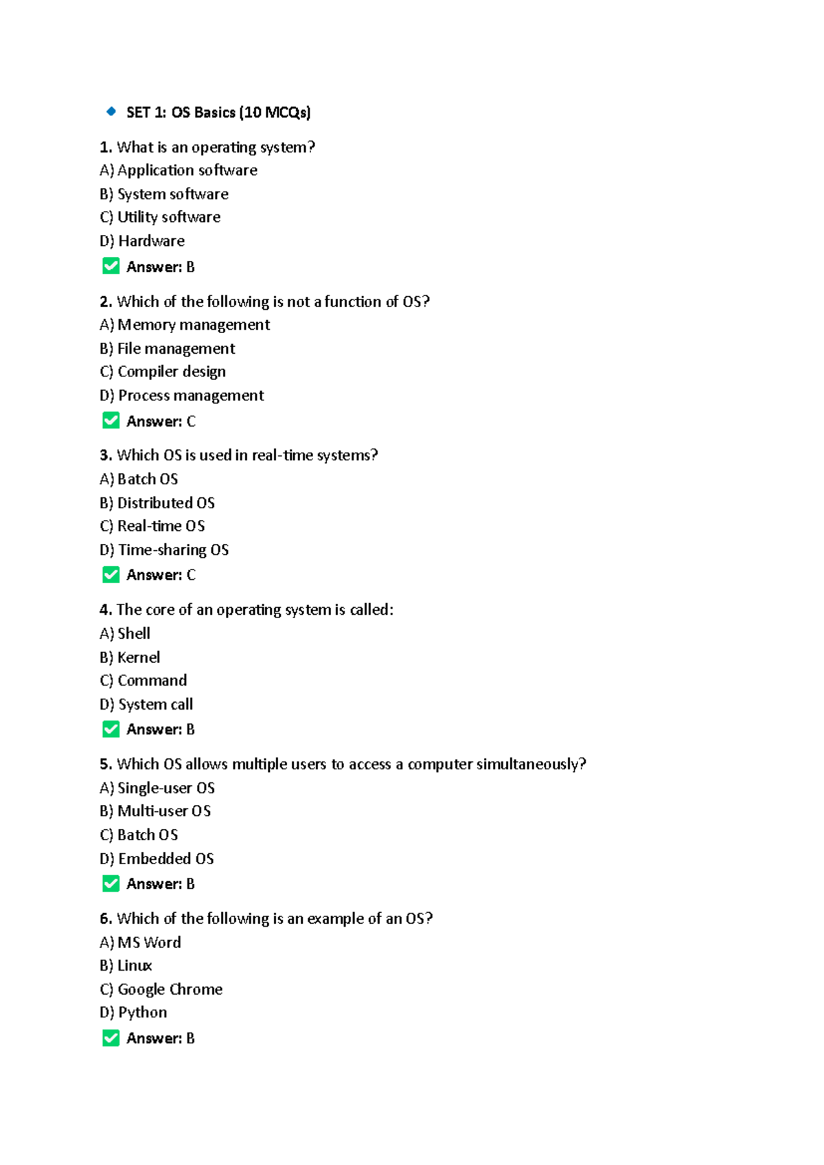 SET 1: OS Basics - 10 MCQs on Operating Systems - Studocu