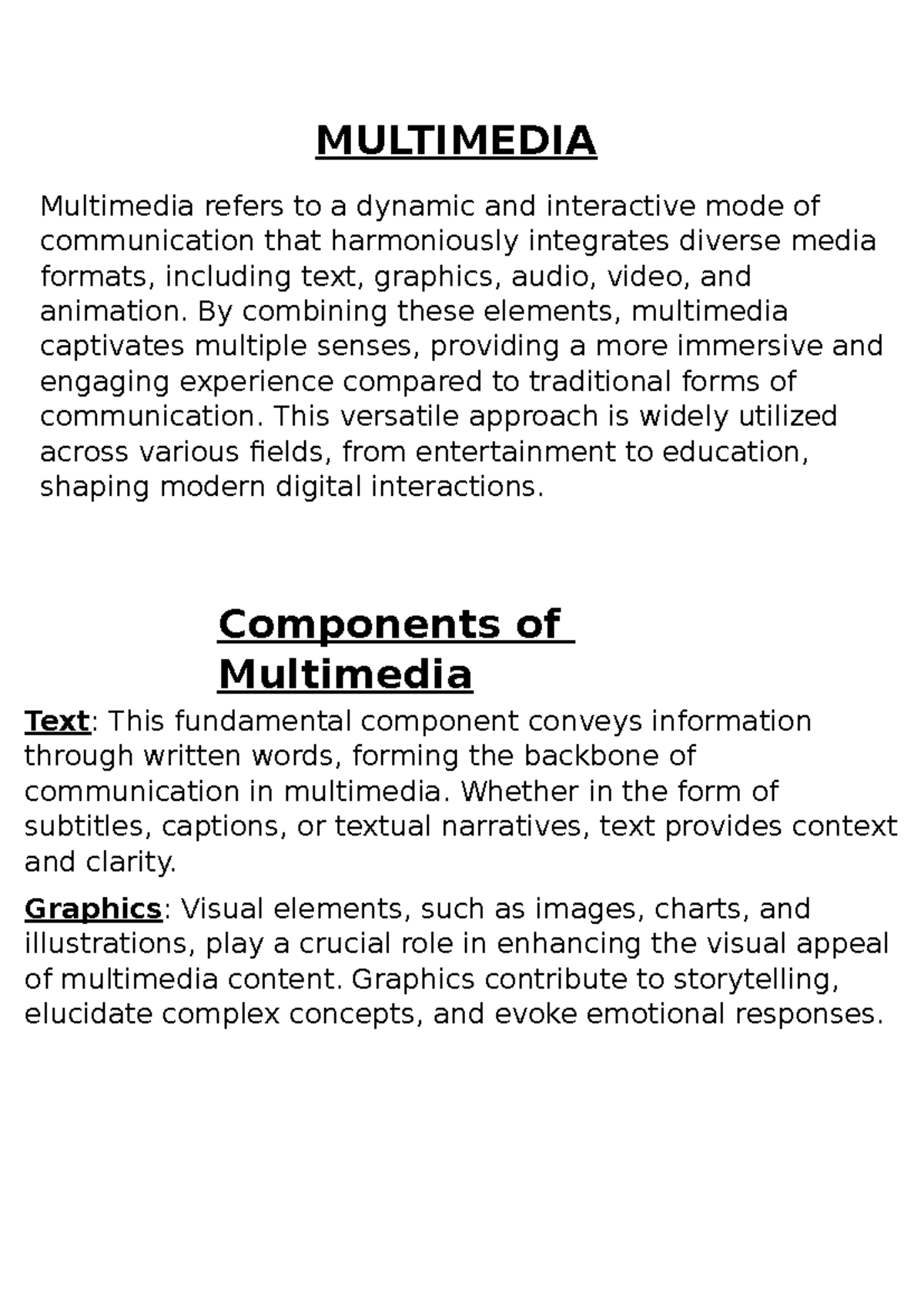 CA2 - Multimedia: Components, Importance, and Applications Summary ...