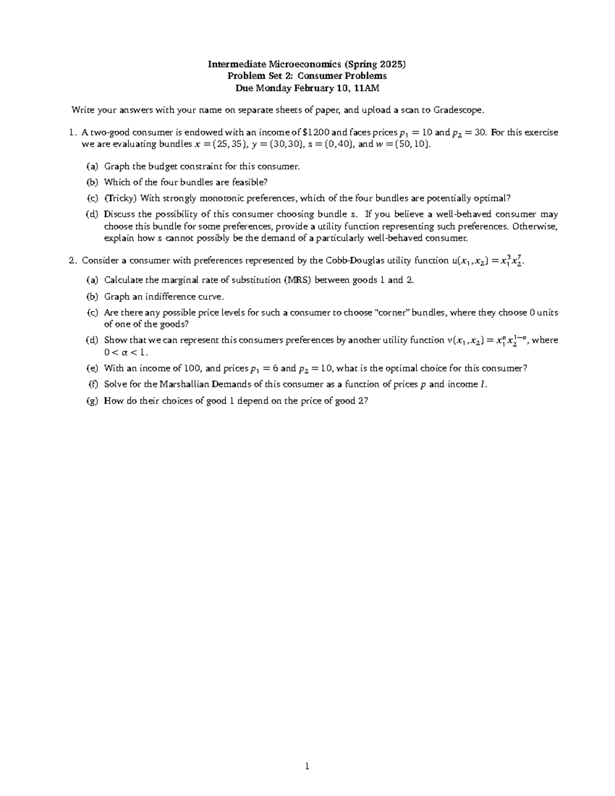 HW2 2 - Intermediate Microeconomics Problem Set 2: Consumer Issues ...