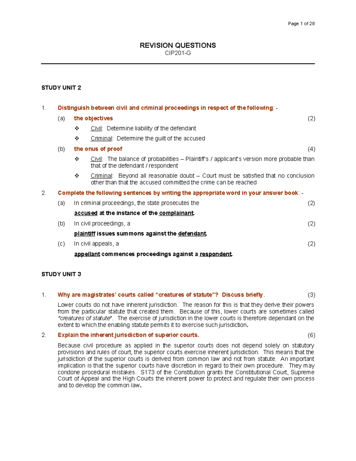 Revision Questions: Civil and Criminal Proceedings (LAW 101) - Studocu