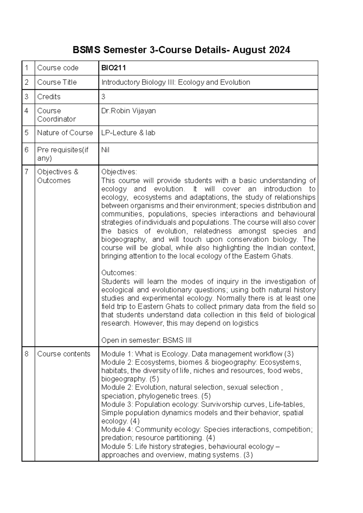 BSMS A24: Course Details for BIO211 - Introductory Biology: Ecology ...