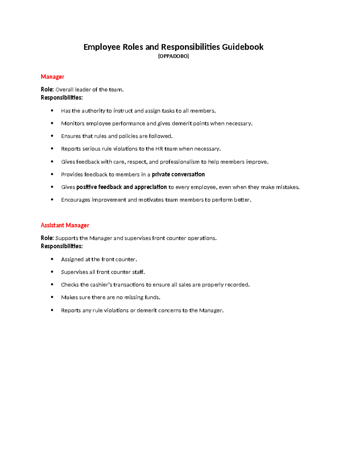 Employee Roles & Responsibilities Guidebook (OPPADOBO) - Studocu