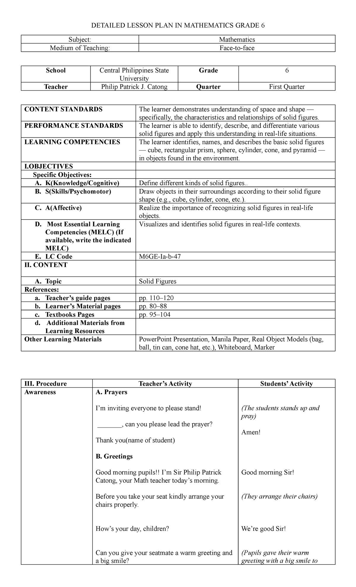 Detailed Lesson Plan: Solid Figures in Mathematics (Grade 6) - Studocu