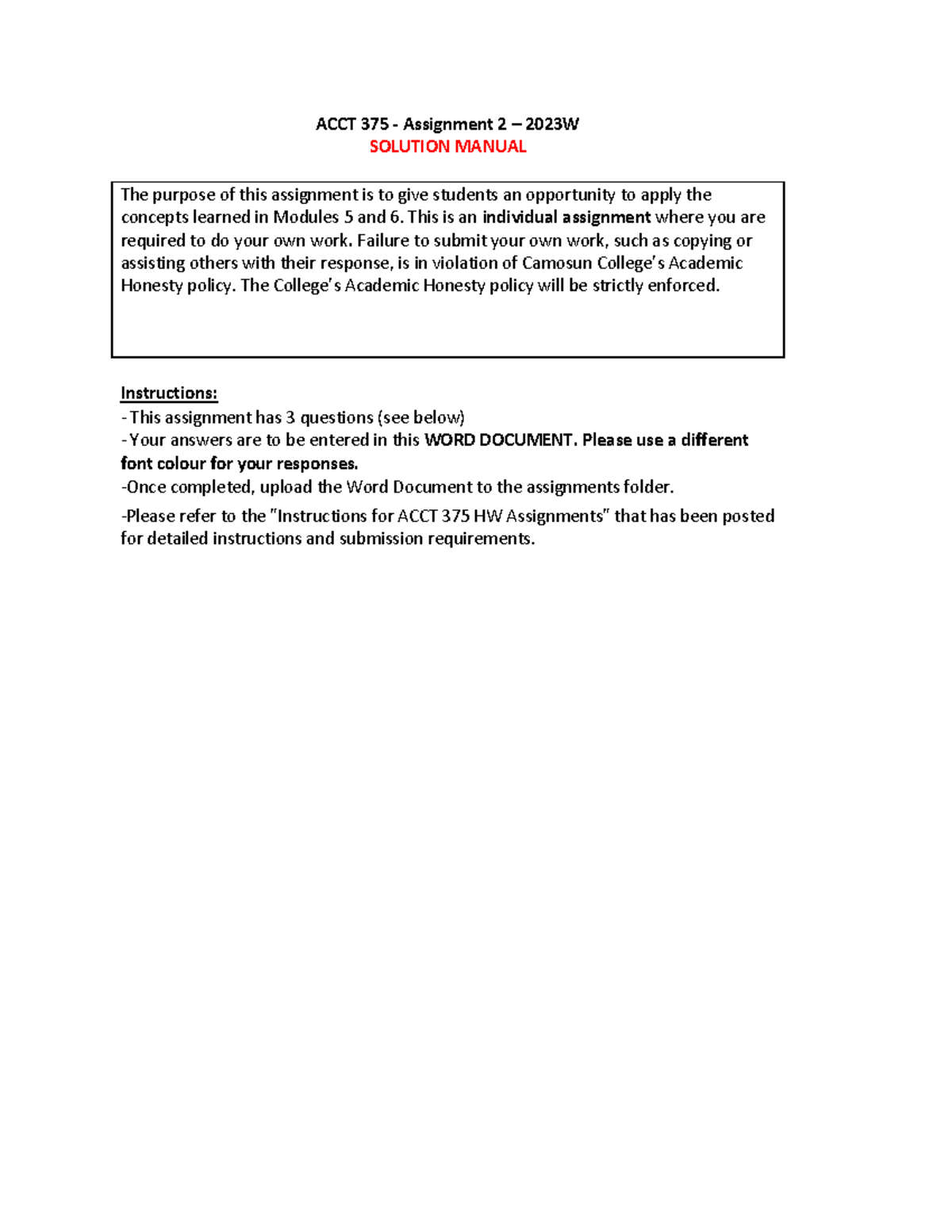 ACCT 375 - 2023W Assignment 2 Solutions and Detailed Explanations - Studocu