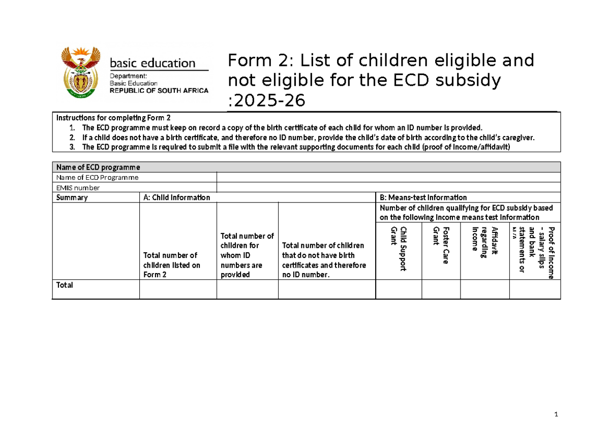 ECD Subsidy Eligibility Form 2: Children List 2025-26 - Studocu