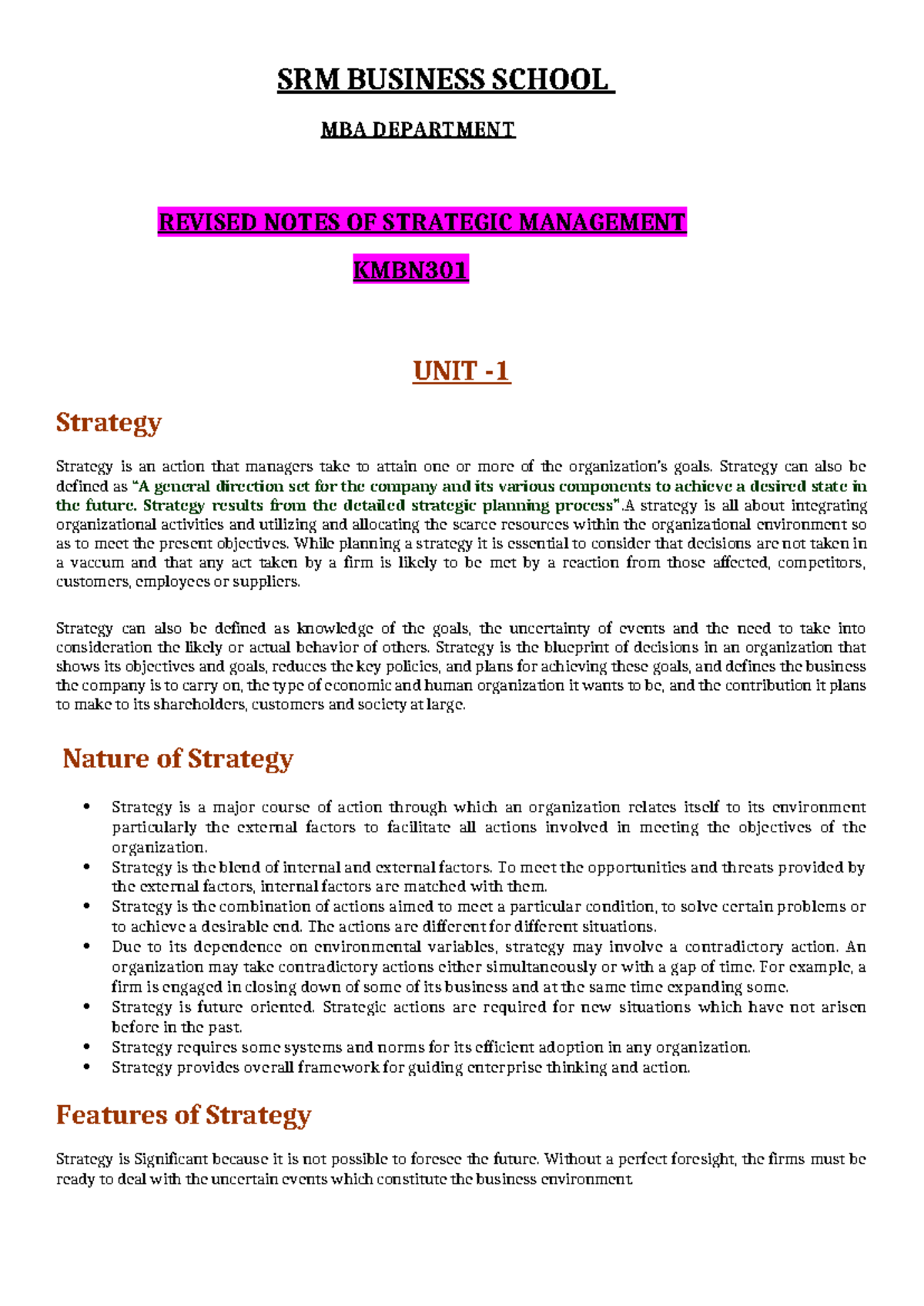 KMBN301 UNIT 1-1: Revised Notes on Strategic Management Principles ...