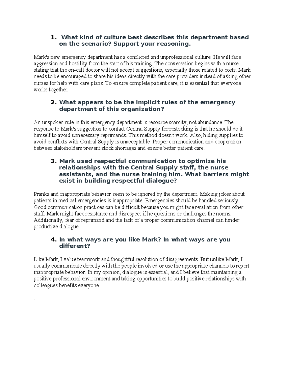 Emergency Department Culture Analysis: Challenges & Communication - Studocu