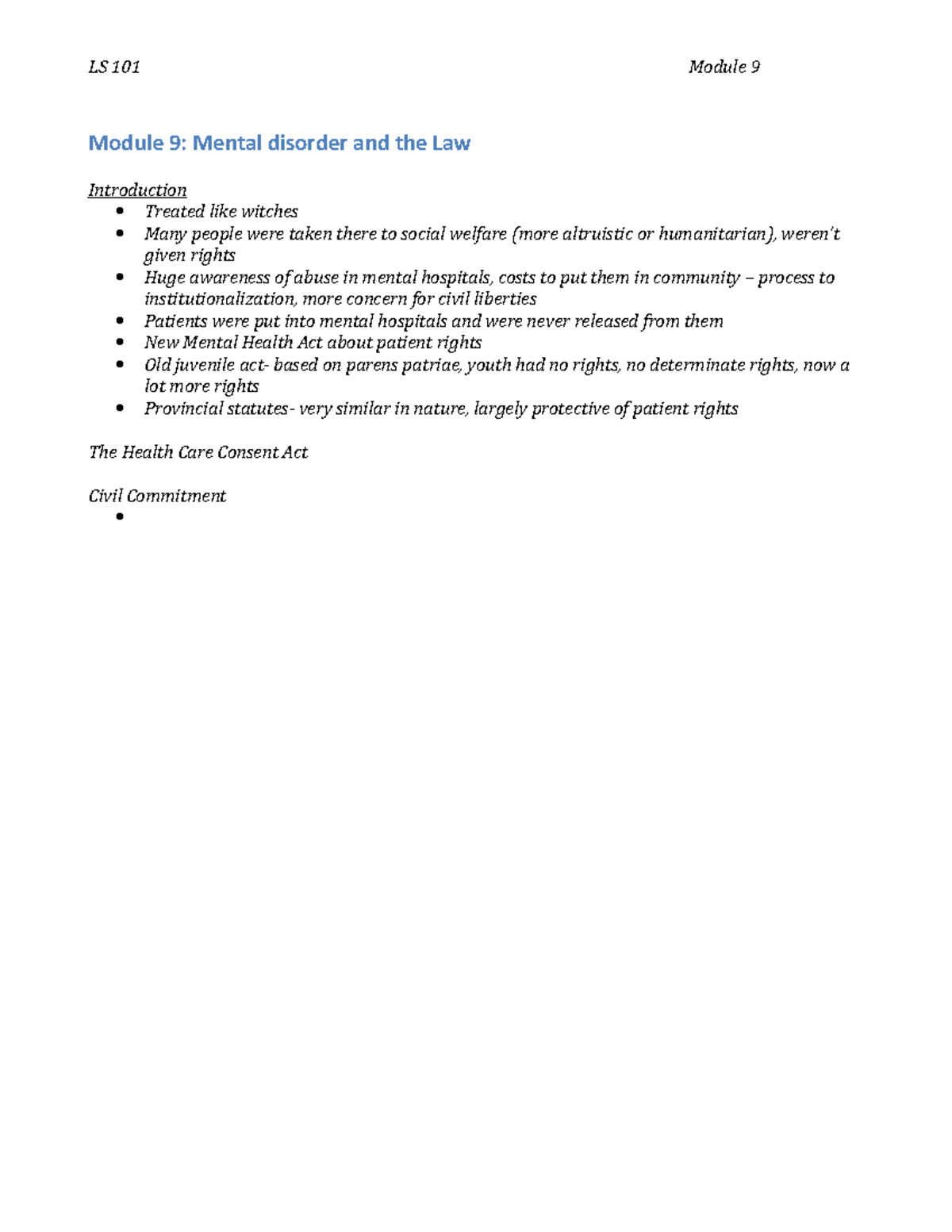 LS 101 - Module 9 Notes - LS 101 Module 9 Module 9: Mental disorder and ...