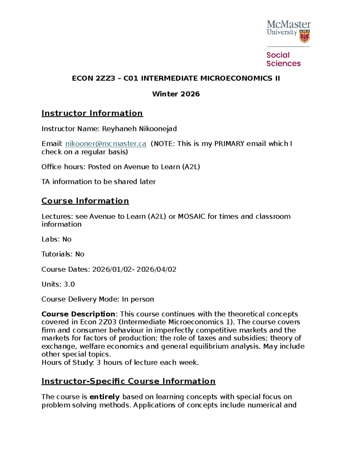 ECON 2ZZ3 C01 Intermediate Microeconomics II Course Outline Winter 2026 ...