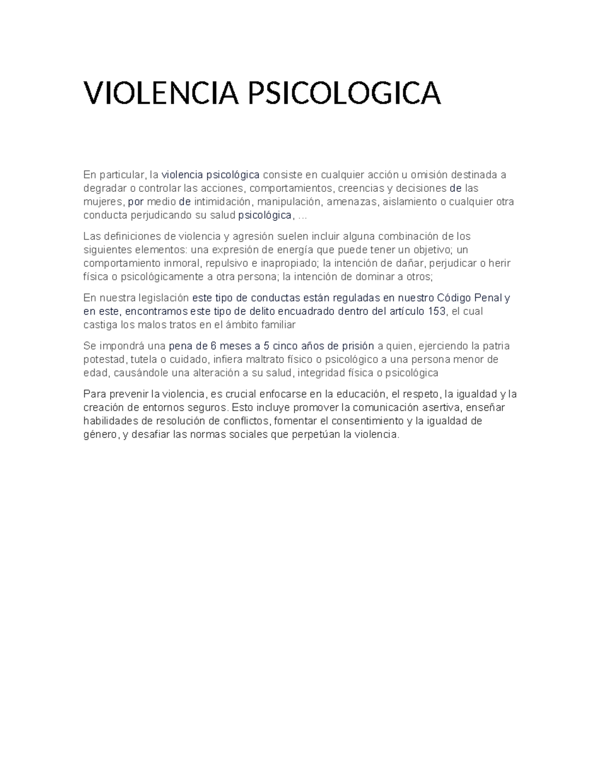 VIOLENCIA PSICOLÓGICA: Análisis y Prevención en el Contexto Legal - Studocu