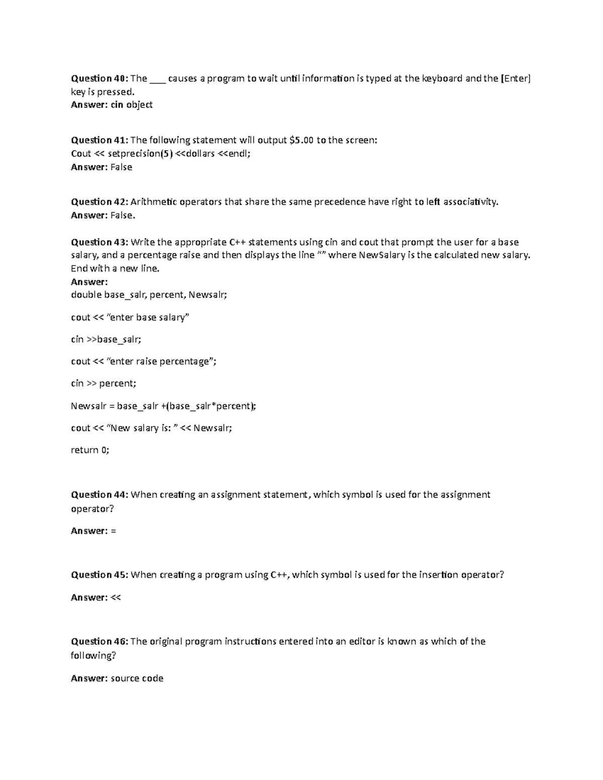 C++ Exam 1 Study Guide: Questions 40-54 Review Guide - Studocu