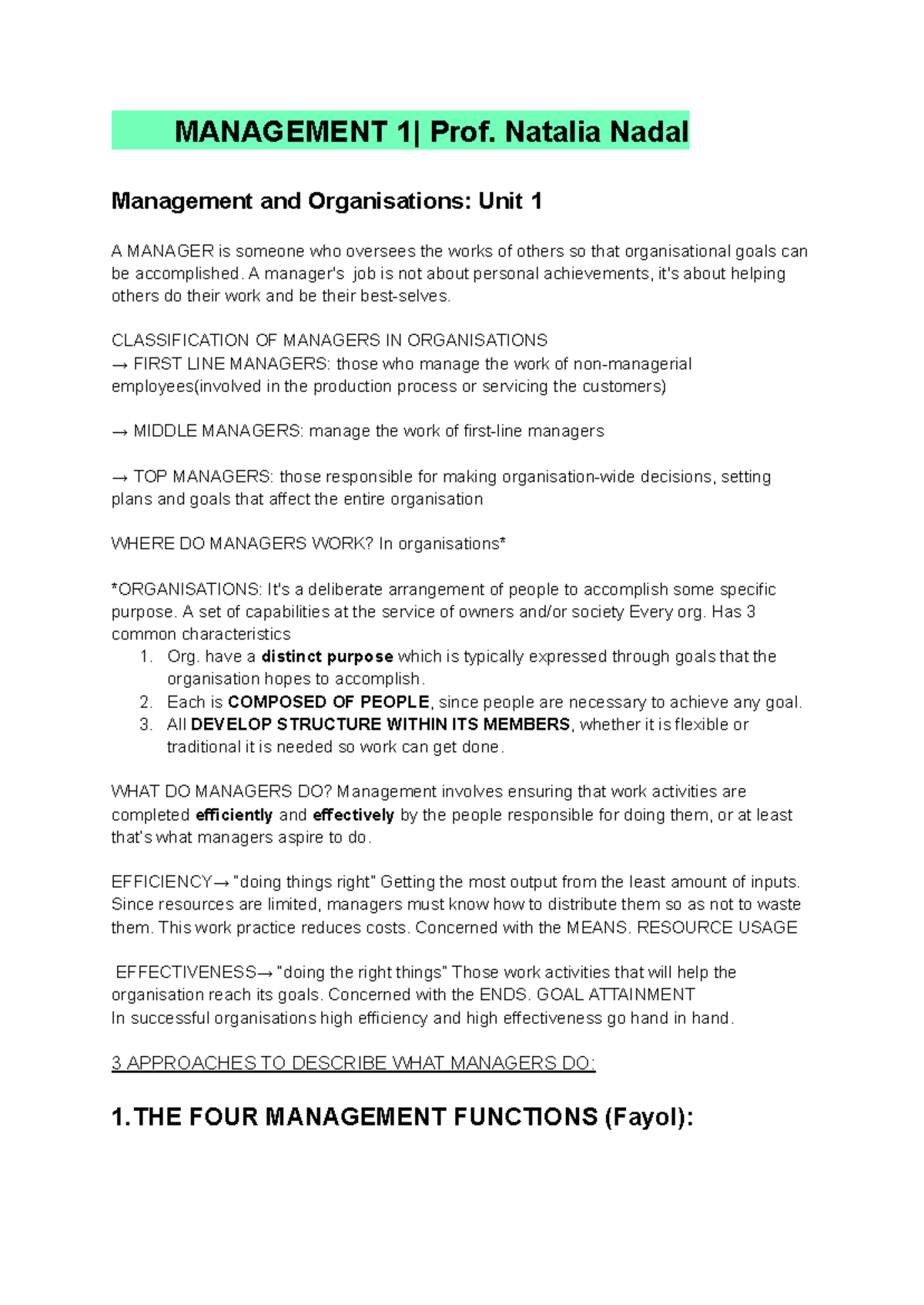 Management 1: Midterm Study Notes on Managers and Motivation - Studocu