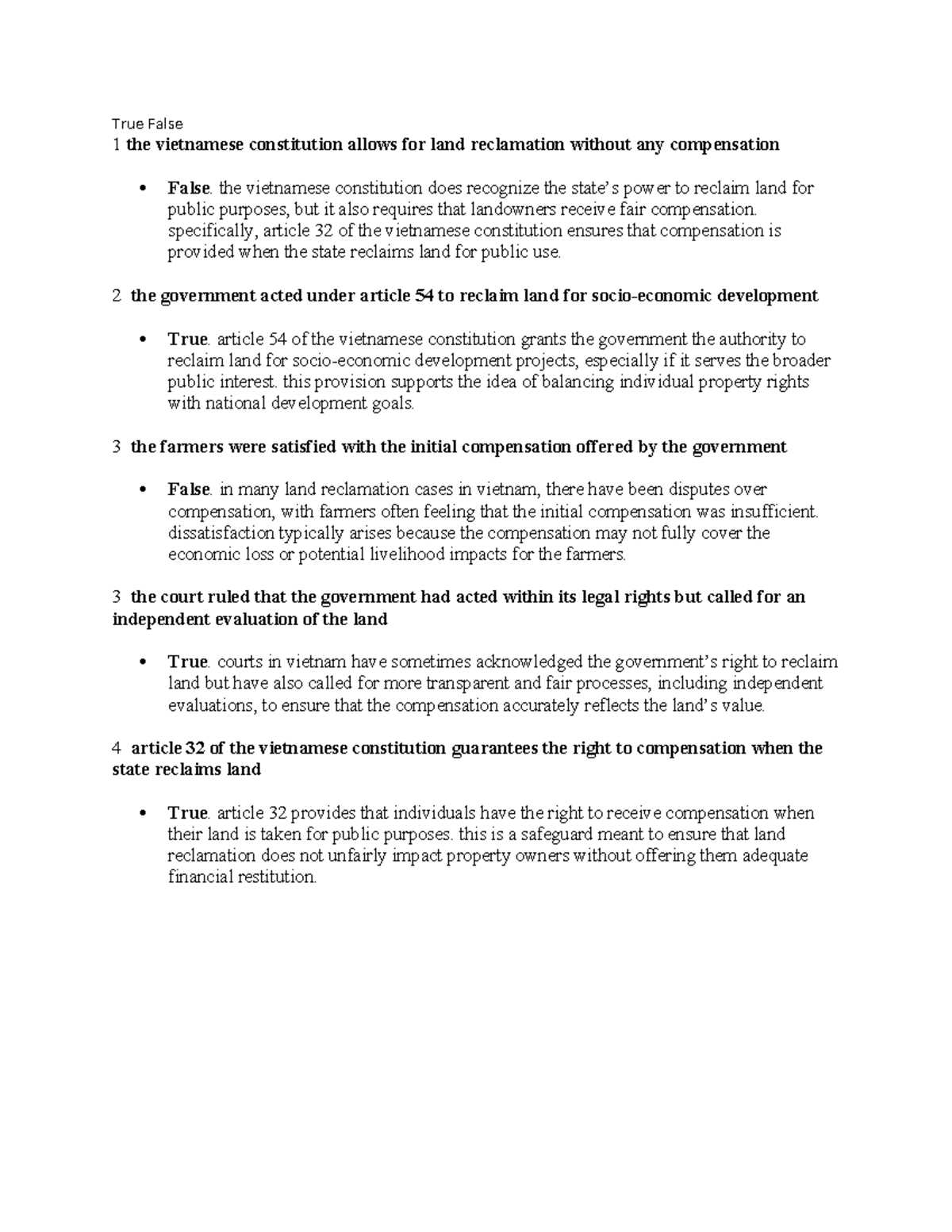 Gen Law - True/False Analysis of Vietnamese Land Reclamation Rights ...