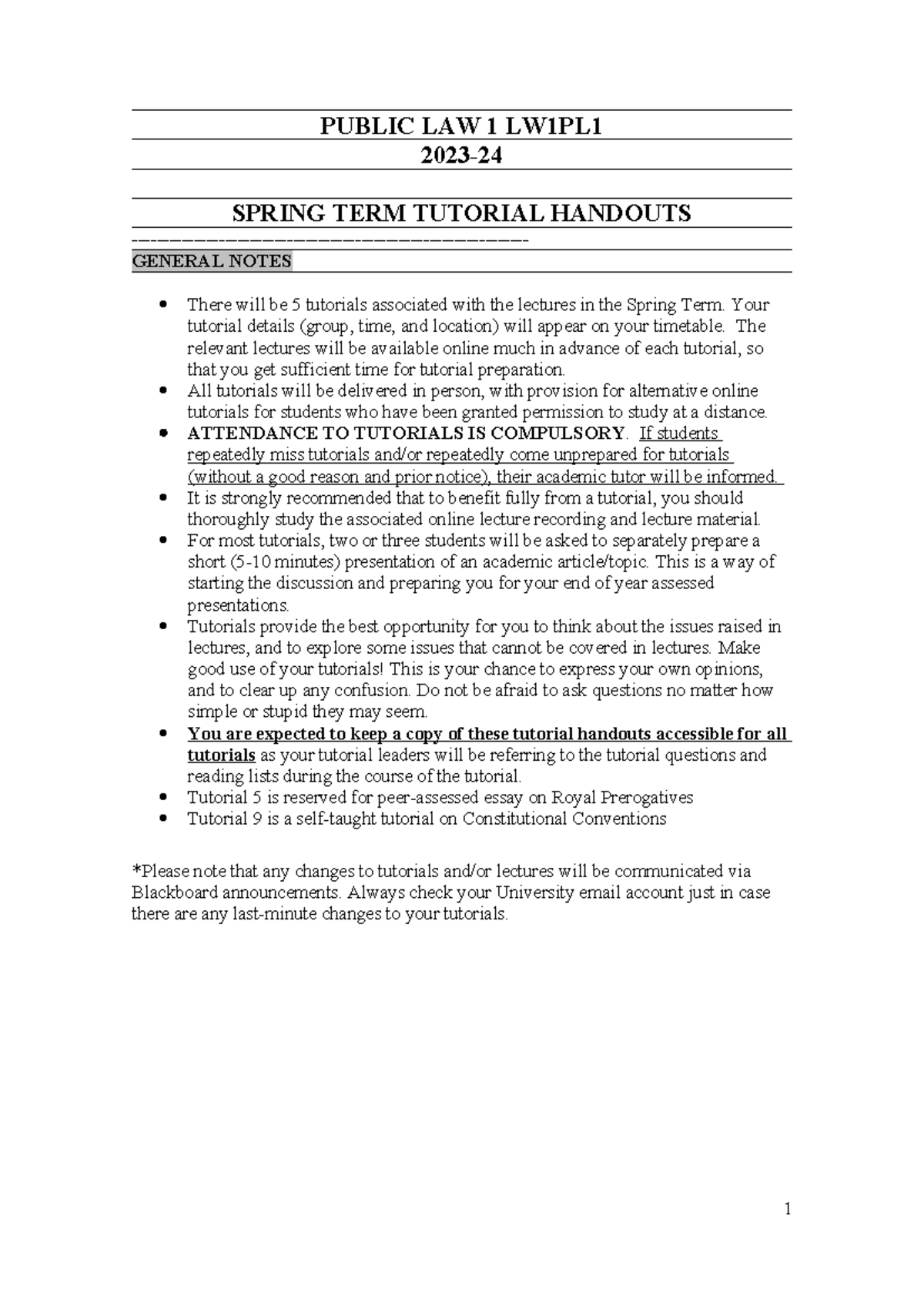 Spring Term 2023-24 Public Law 1 Tutorial Handouts - Studocu