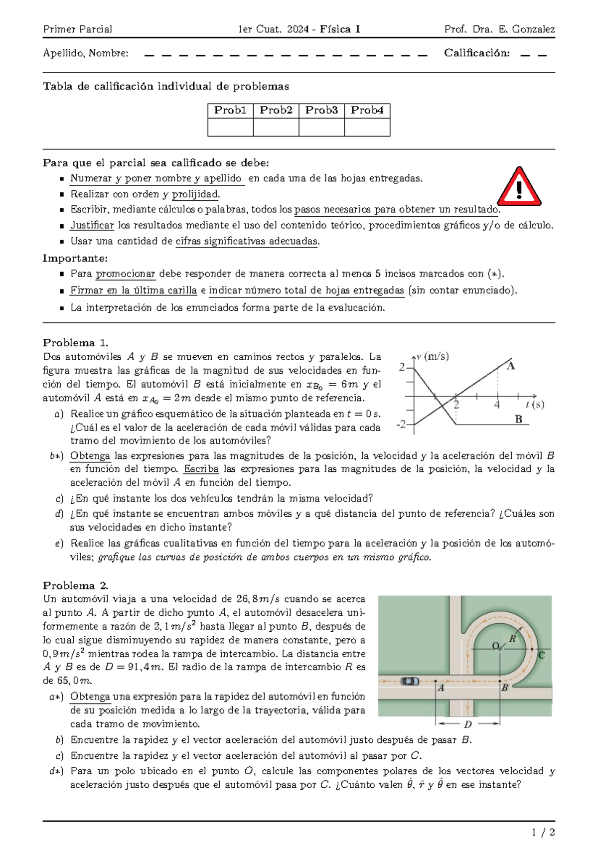 Primer Parcial - Física I (1er Cuat. 2024) - Prof. E. Gonzalez - Document Preview