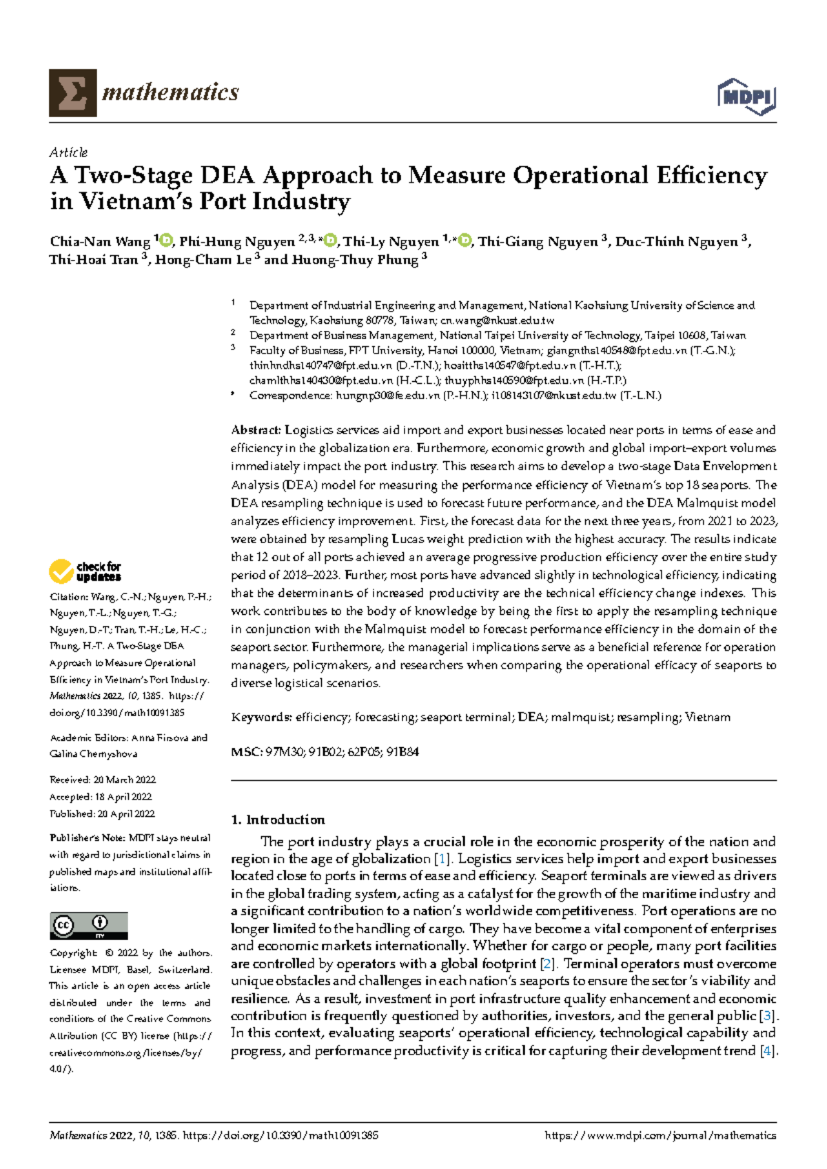 Mathematics 2022: DEA Model for Operational Efficiency in Port Industry ...