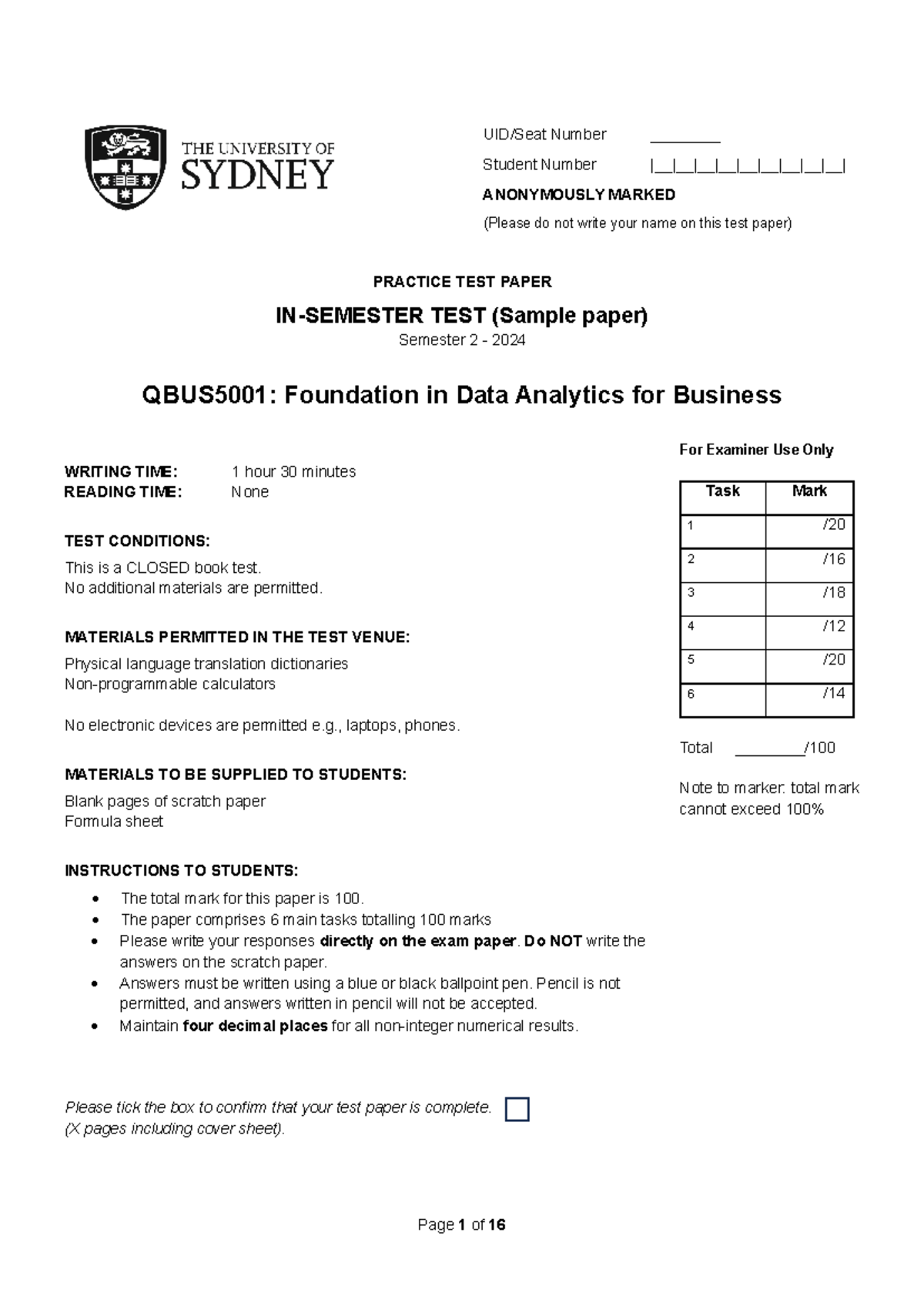 QBUS5001: Semester 2 2024 Mock Test with Solutions and Rubric - Studocu