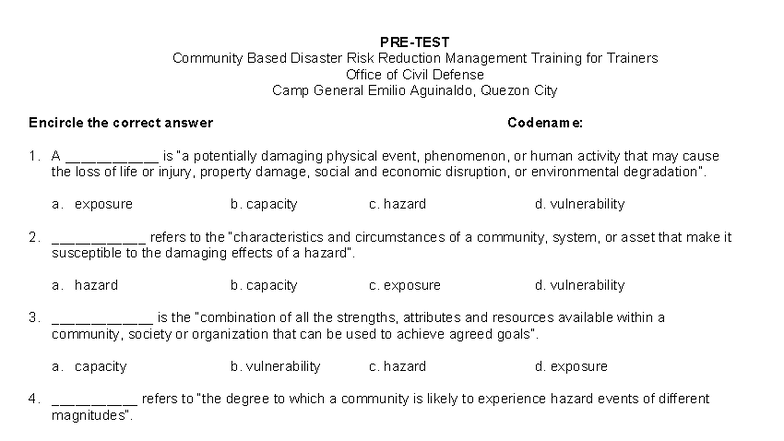 Pre-Test for CBDRRM Training: Community-Based Disaster Risk Reduction ...