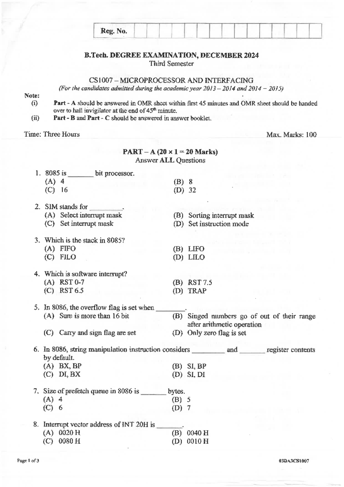 B.Tech CS1007 Microprocessor & Interfacing Exam Questions - Dec 2024 ...
